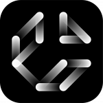 Modernes geometrisches Logo mit Farbverläufen in Schwarz und Weiß, mit ineinandergreifenden Formen auf einem abgerundeten schwarzen quadratischen Hintergrund.