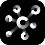 Ein schwarzer Hintergrund mit einer silbernen Kreisform in der Mitte, die durch Linien mit fünf kleineren Kreisen verbunden ist, wodurch ein Naben- und Speichenmuster entsteht.